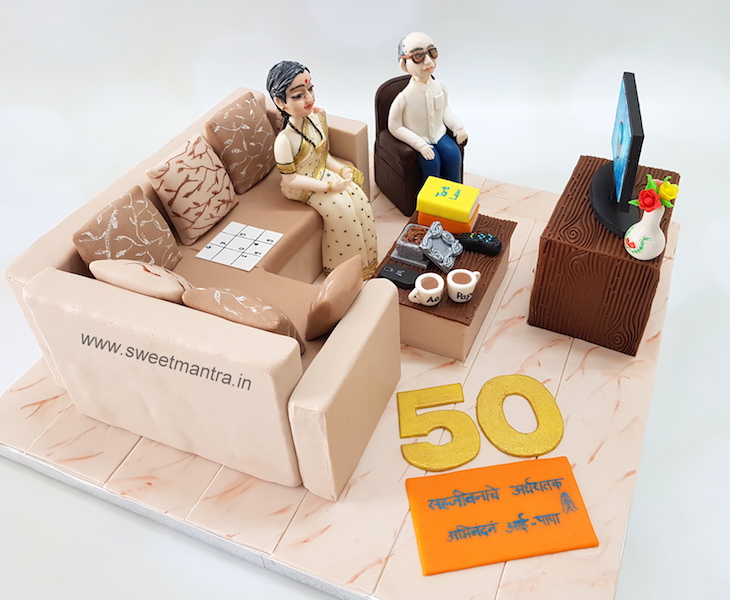 Living room, Sofa, Couch shaped customized 3D cake for parents 50th anniversary in Pune