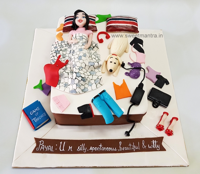 Messy bed shaped customized 3D cake with lazy sleeping girl in Pune