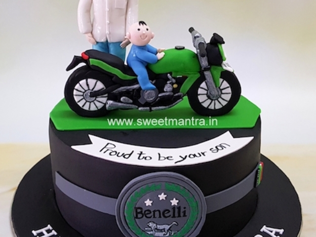 Benelli bike theme customized cake with dad, son figurines in Pune