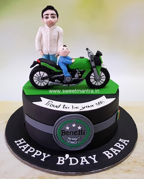 Benelli bike theme customized cake with dad, son figurines in Pune