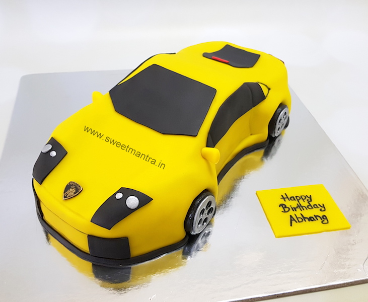 Lamborghini car shaped 3D fondant cake for husband's birthday in Pune