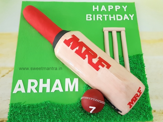 MRF cricket bat shaped 3D cake for cricketer's birthday in Pune