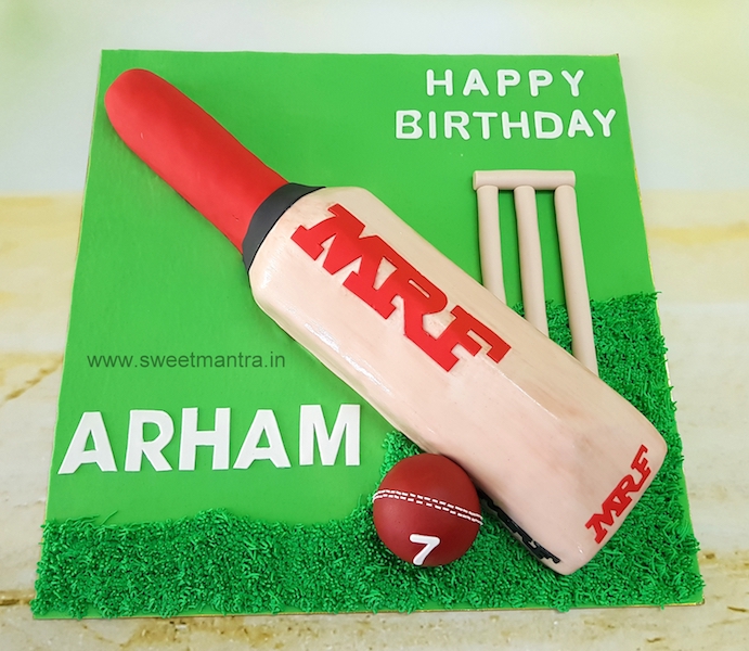 MRF cricket bat shaped 3D cake for cricketer's birthday in Pune