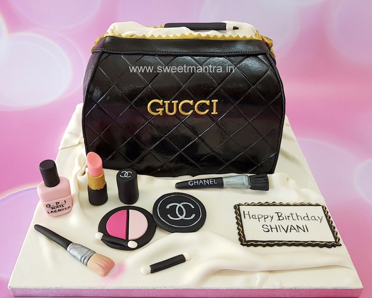 Gucci makeup bag shaped 3D cake for wife's birthday in Pune