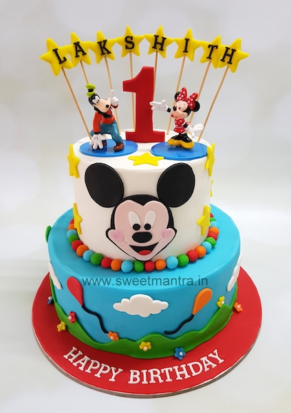 Mickey and friends theme 2 tier fondant cake for girl's 1st birthday at Pune