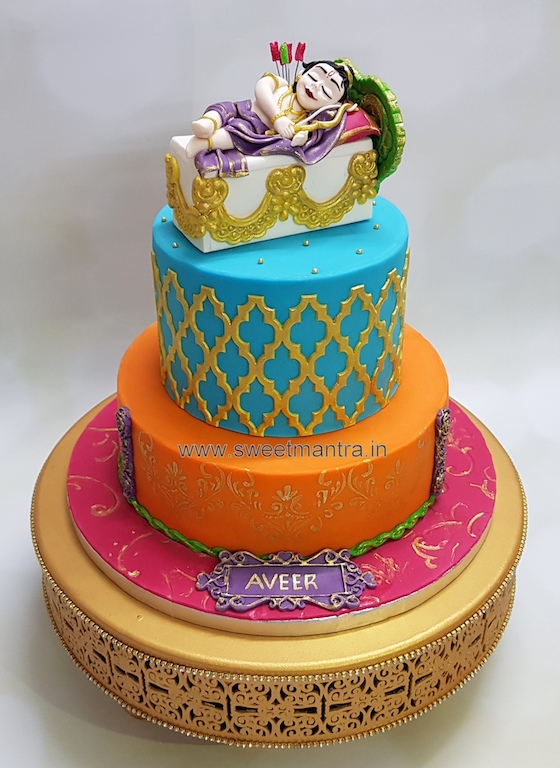 Indian mythology Lord Rama theme 2 tier fondant cake for Naming Ceremony in Pune