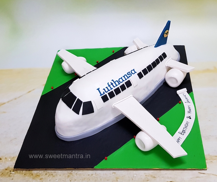 Lufthansa aeroplane shaped 3D fondant cake for air hostess's birthday in Pune