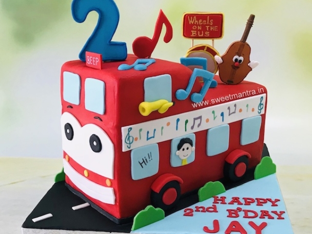 Wheels on the Bus shaped 3D cake for boy's 2nd birthday in Pune
