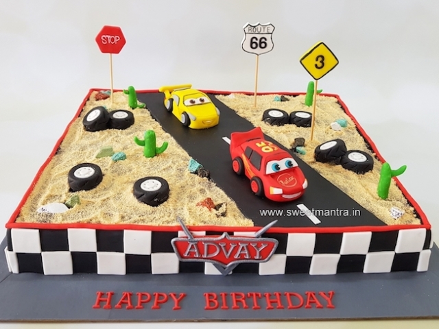 Lightning Mcqueen race cars theme customized cake for boy's birthday in Pune