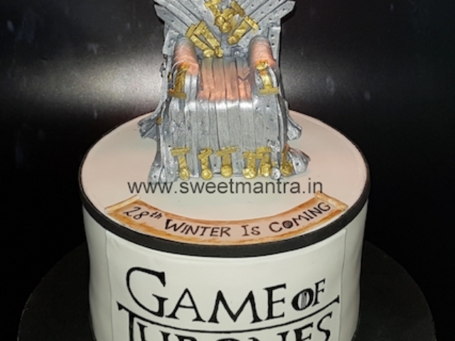 Game of Thrones theme fondant cake with edible throne for wife's birthday in Pune