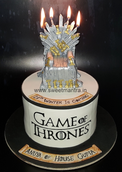 Game of Thrones theme fondant cake with edible throne for wife's birthday in Pune