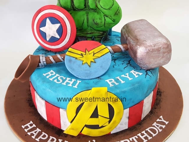 Avengers superheroes theme customized fondant cake for twin boy and girls birthday in Pune
