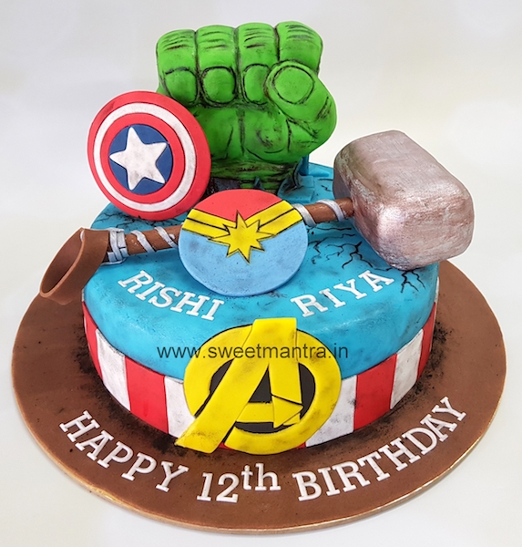 Avengers superheroes theme customized fondant cake for twin boy and girls birthday in Pune