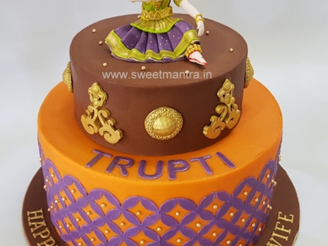 Indian classical dance Bharatnatyam theme customized 2 tier fondant cake for wifes birthday in Pune