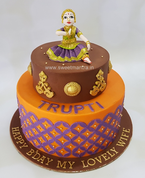 Indian classical dance Bharatnatyam theme customized 2 tier fondant cake for wifes birthday in Pune