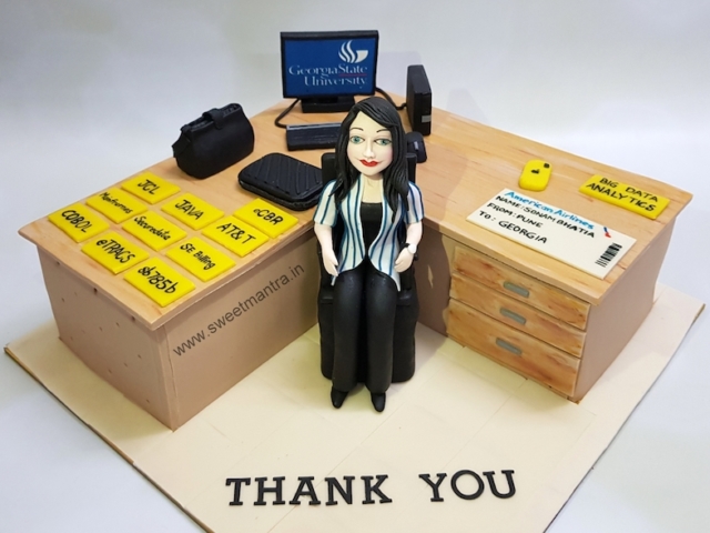 Office desk shaped customized 3D cake for an IT professionals farewell in Pune