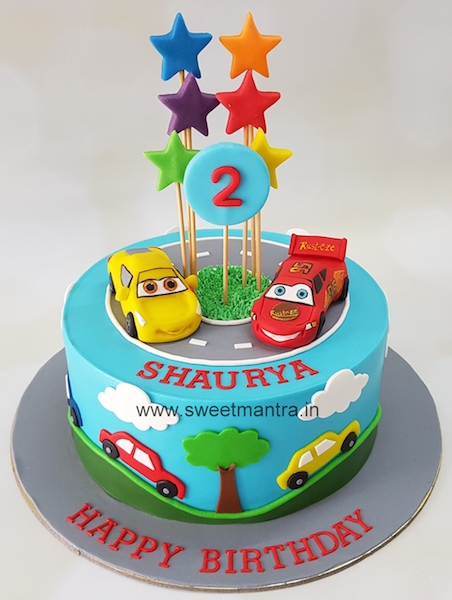 Cars theme customized designer cake for boy's 2nd birthday in Pune