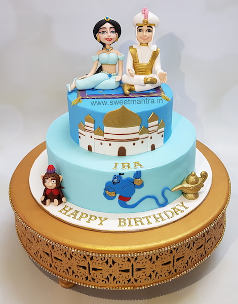 Aladdin and Jasmine theme 2 tier customized fondant cake with 3D chirag for girls birthday in Pune