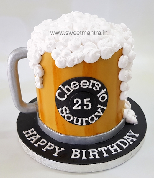 Beer mug shaped 3D fondant cake for boys 25th birthday in Pune