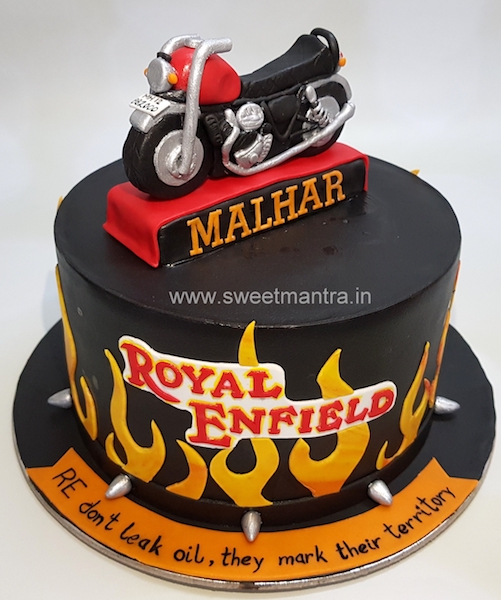 Royal Enfield theme customized cake with 3D edible fondant bike in Pune