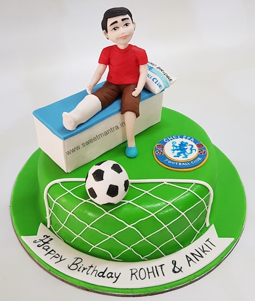 Customized birthday cake for a football player with fractured leg in Pune