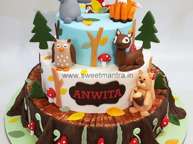 Rustic Woodland Animals theme 3 tier customized cake for girls 1st birthday in Pune