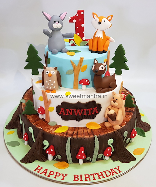 Rustic Woodland Animals theme 3 tier customized cake for girls 1st birthday in Pune