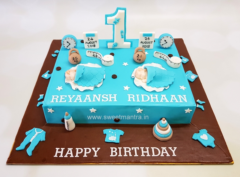 Customised cake for twin boys 1st birthday in Pune
