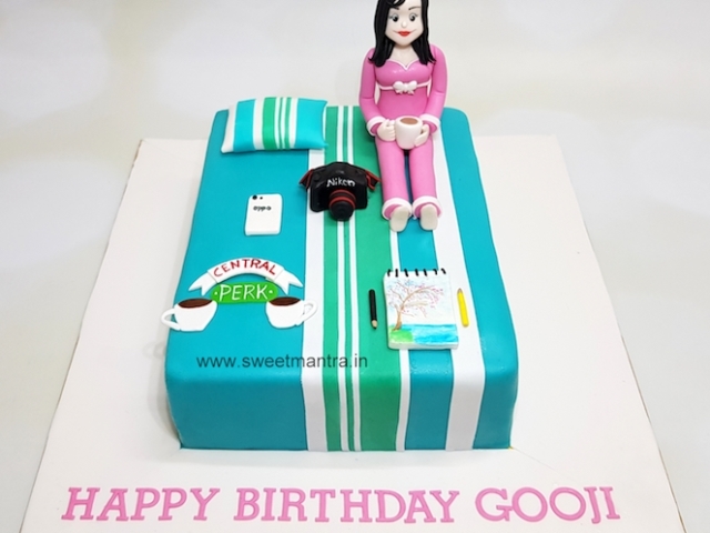Neat and clean Bed shaped customized 3D cake with lady sitting on bed for wife's birthday in Pune