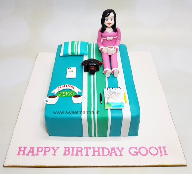 Neat and clean Bed shaped customized 3D cake with lady sitting on bed for wife's birthday in Pune
