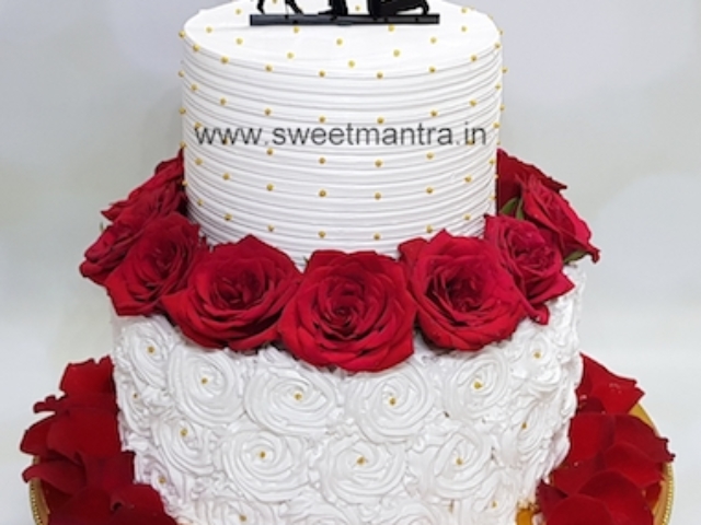 Customized 2 tier fresh cream cake with roses for Engagement ceremony in Pune