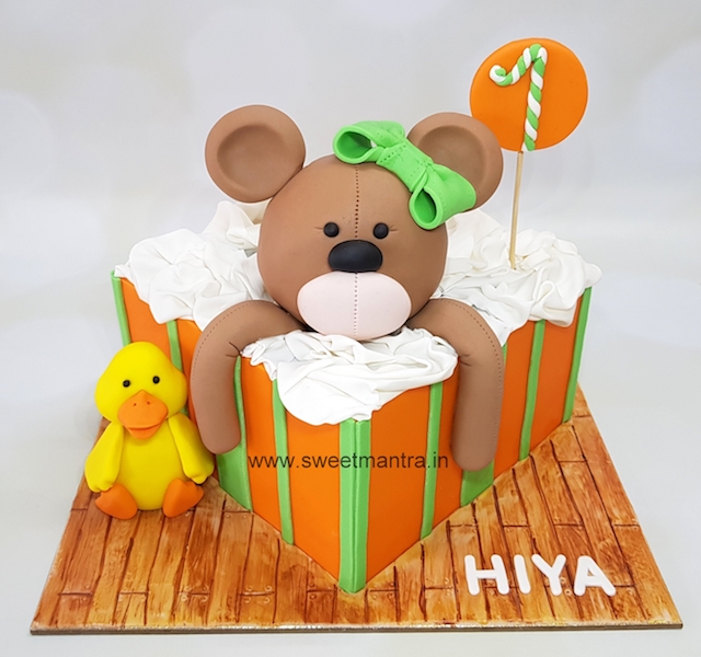 Teddy Gift box shaped customized 3D cake for girls 1st birthday in Pune