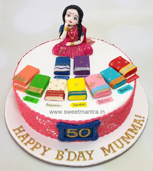 Customized cake with lady confused over lots of sarees for a mom's 50th birthday in Pune