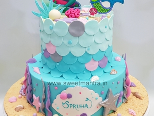 Mermaid theme 2 tier fondant cake for girls 6th birthday in Pune