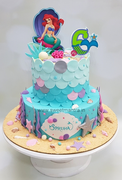 Mermaid theme 2 tier fondant cake for girls 6th birthday in Pune