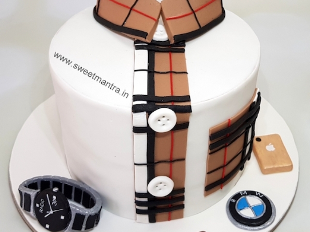 Burberry shirt theme customized cake with gadgets for husbands birthday in Pune