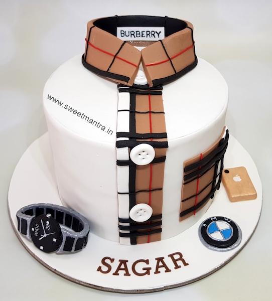 Burberry shirt theme customized cake with gadgets for husbands birthday in Pune