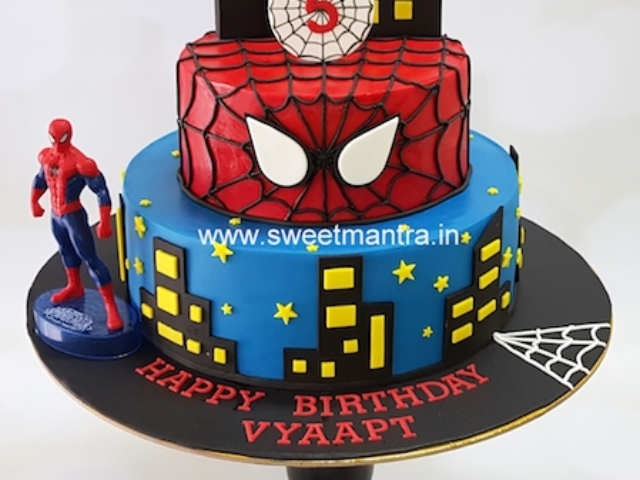 Spiderman theme 2 tier fondant cake for boys 5th birthday in Pune