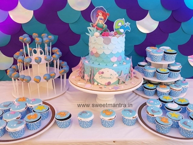 Mermaid, Sea theme customized Dessert Table with cake, cupcakes n cakepops for girls birthday in Pune