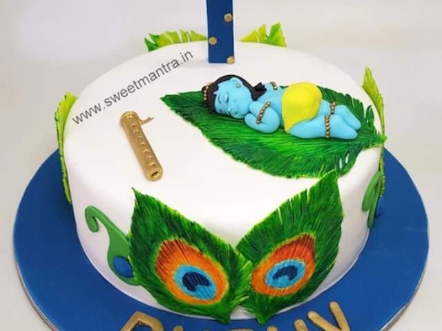 Baby Krishna theme customized cake for 1st birthday in Pune