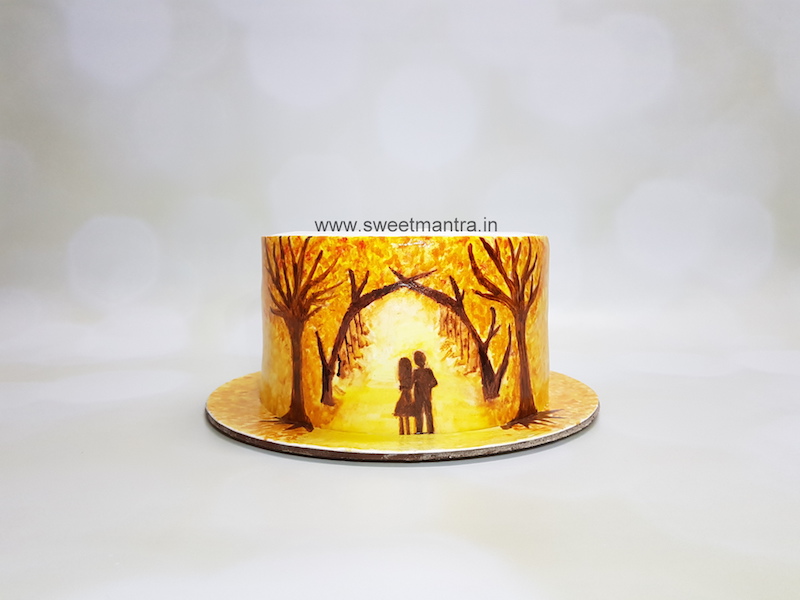Fall colors theme handpainted cake for anniversary in Pune