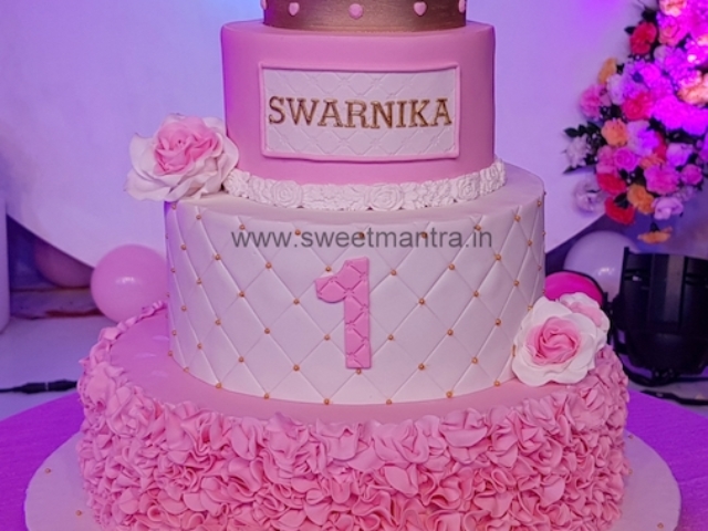 3 tier Princess theme fondant cake for girls 1st birthday in Pune