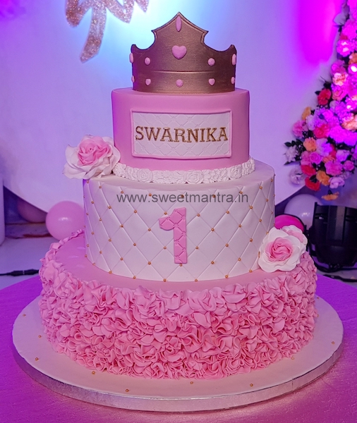 3 tier Princess theme fondant cake for girls 1st birthday in Pune