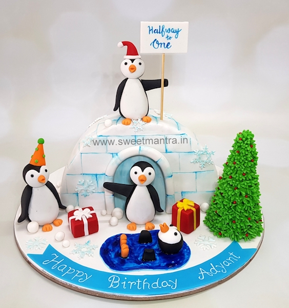 Igloo theme cake for half year, 6 months birthday in Pune