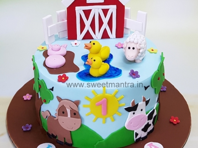 Farm Animals theme cake for girl's 1st birthday in Pune
