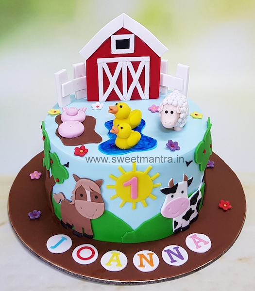 Farm Animals theme cake for girl's 1st birthday in Pune