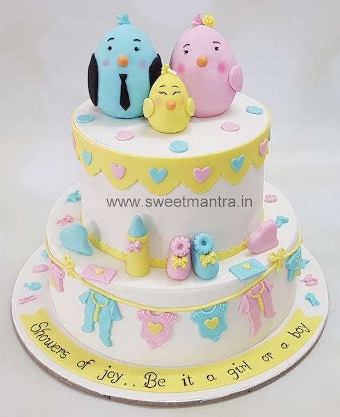 Birds theme 2 tier fondant cake for baby shower in Pune