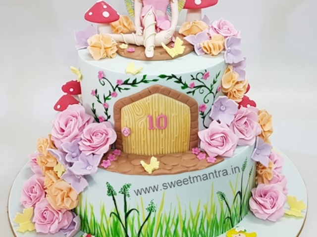 Fairy theme customised 2 tier cake for girls 10th birthday in Pune