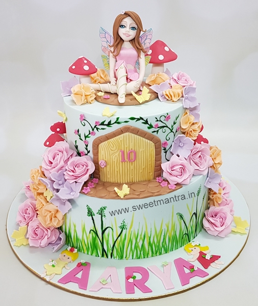 Fairy theme customised 2 tier cake for girls 10th birthday in Pune