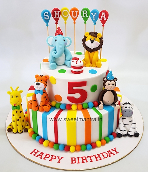 Animals theme 2 tier colorful fondant cake for kids 5th birthday in Pune